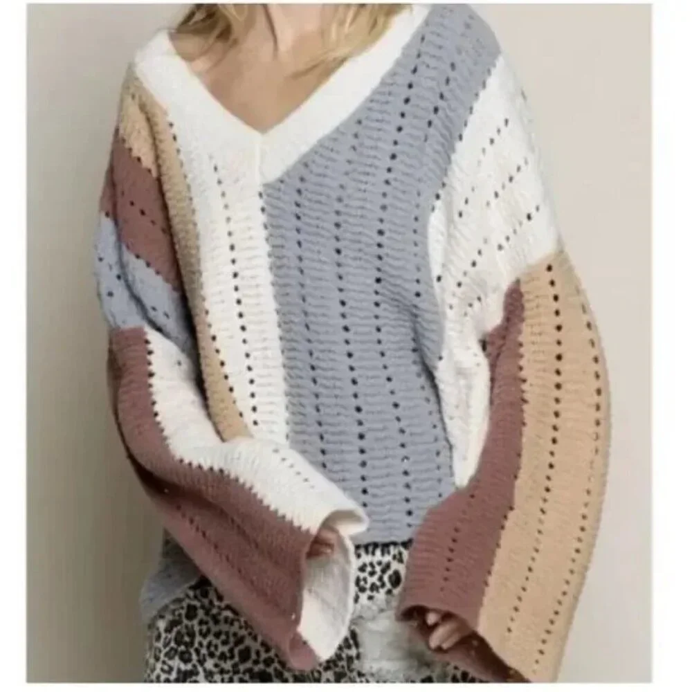 POL Chunky Knit Striped Colored Block Chenille Sweater Size Large - Picture 2 of 6